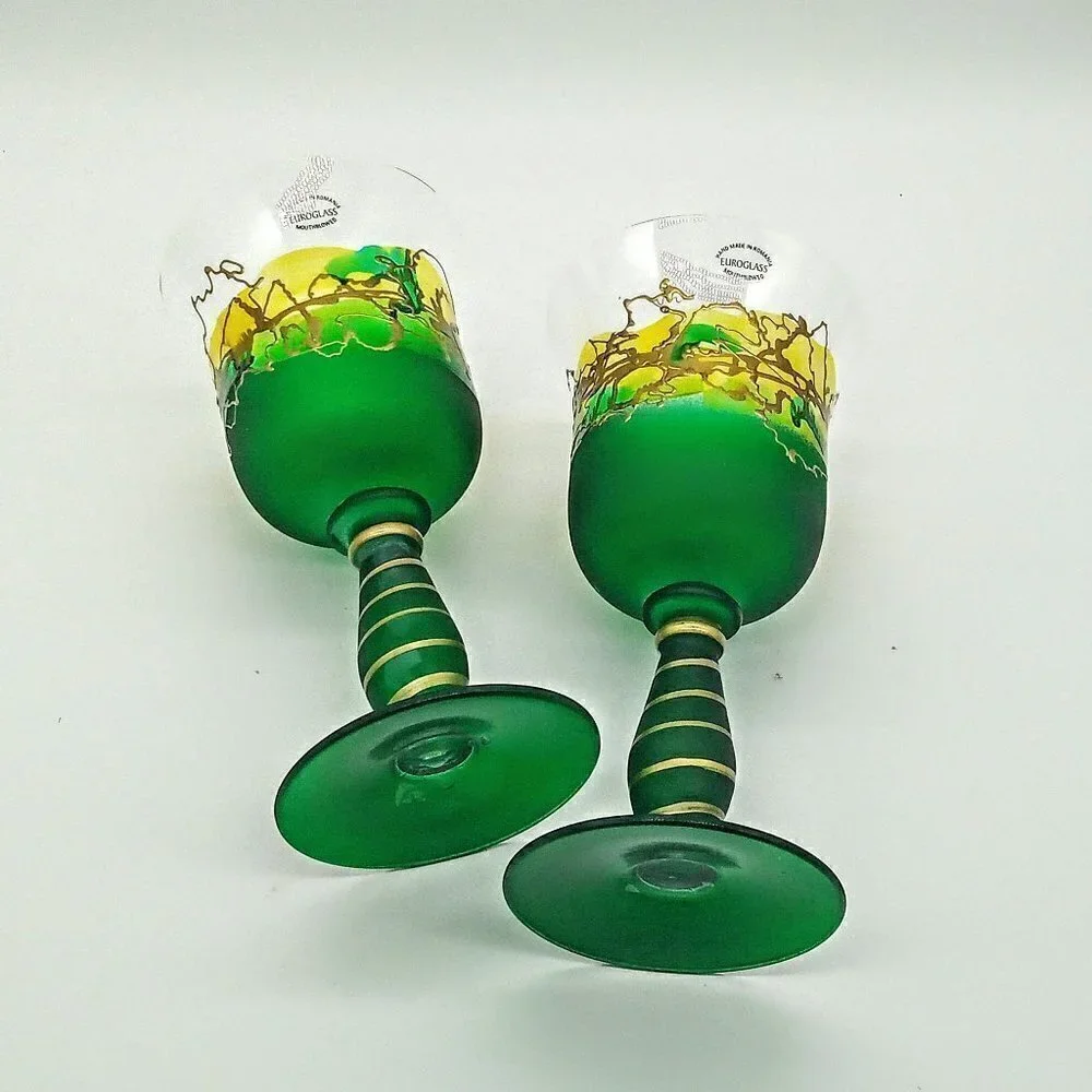 Euroglass Romanian Handmade Green Gold Glasses (2)